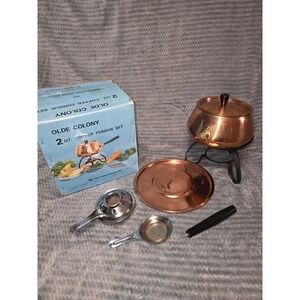 OLDE COLONY 2 Qt Copper Fondue Set w/ Burner Stand & Serving Tools Boxed